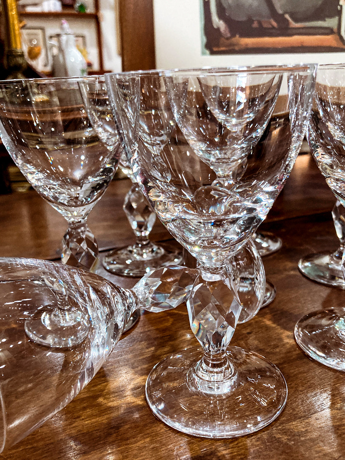 Vintage 1950s Set of Eight Paneled Stem Clear Glass Sherry Glasses