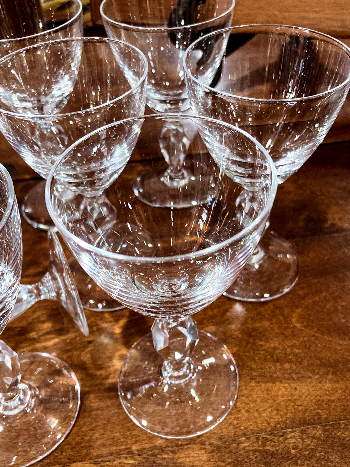Vintage 1950s Set of Eight Paneled Stem Clear Glass Sherry Glasses