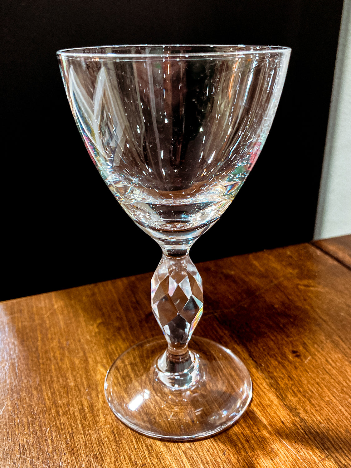 Vintage 1950s Set of Eight Paneled Stem Clear Glass Sherry Glasses