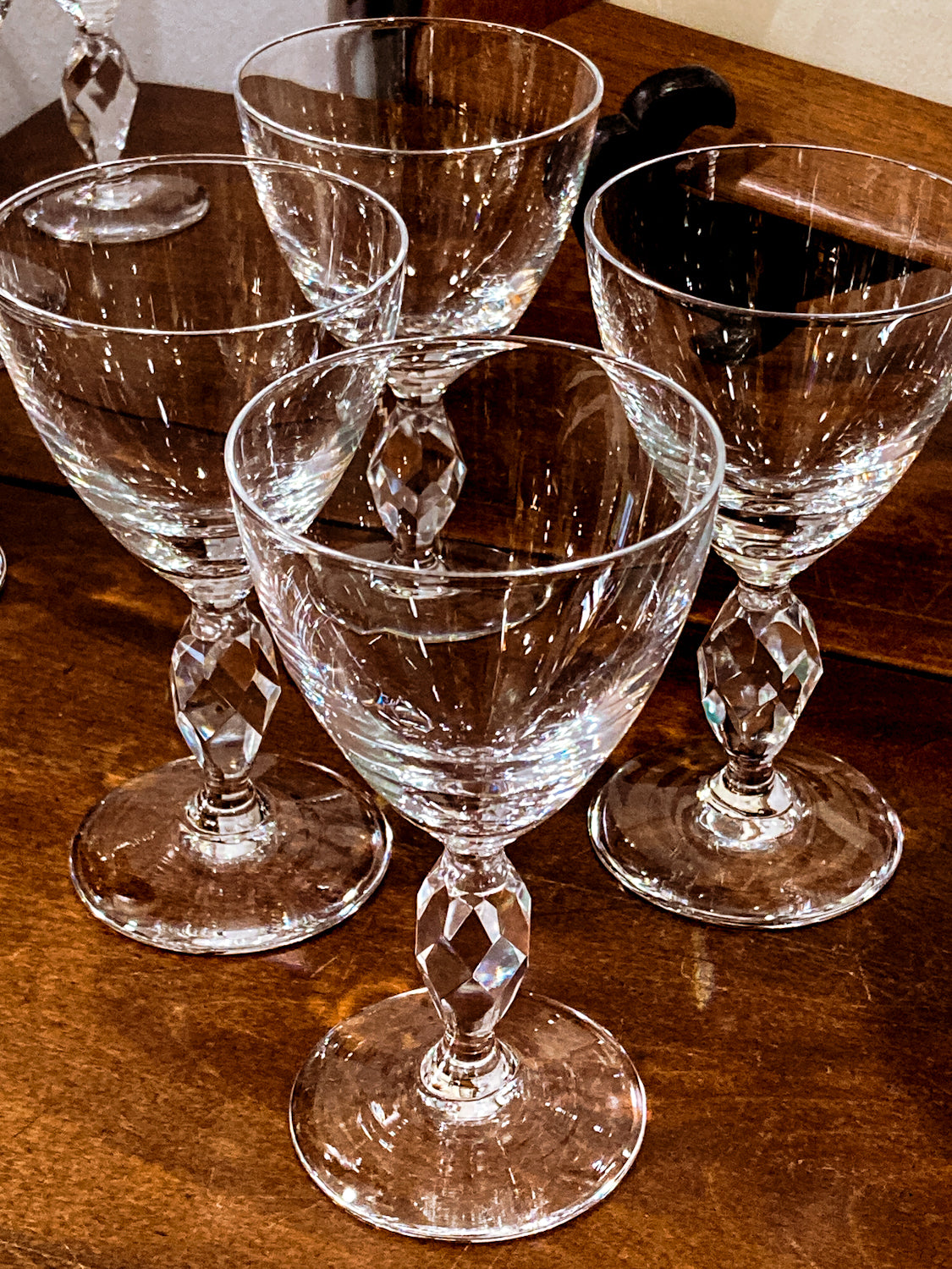 Vintage 1950s Set of Eight Paneled Stem Clear Glass Sherry Glasses