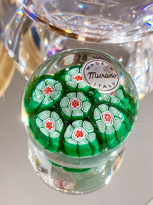 Vintage 1960s Murano Italian Millefiori Green Red Glass Miniature Paperweight