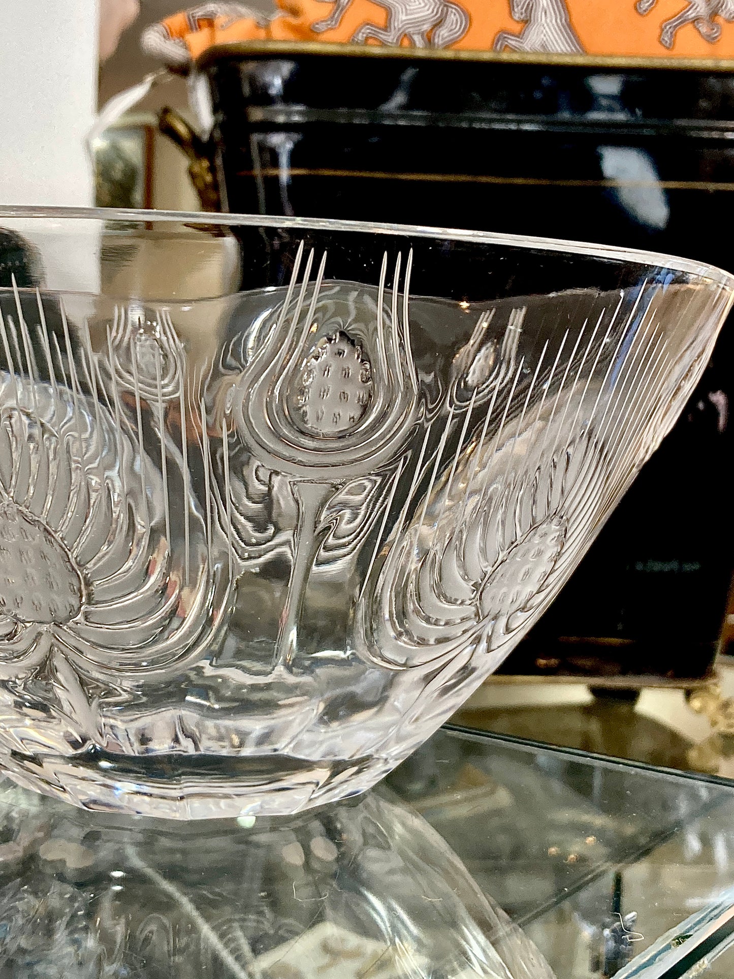 Vintage 1960s Lalique Clear Crystal Thistle Pattern Art Deco Style BowlVintage 1960s Lalique Clear Crystal Thistle Pattern Art Deco Style Bowl