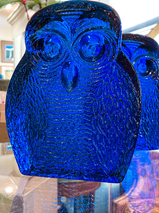 Vintage 1960's Stylized Owl MCM Blenko Cast Cobalt Blue Glass Bookends