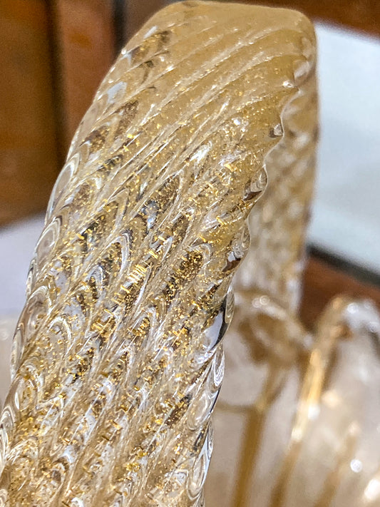 Vintage 1970s Murano Italian Gold Fleck Handblown Glass Basket Bowl