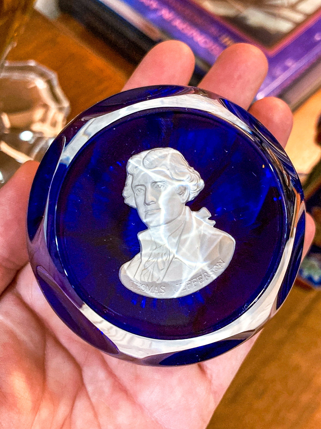 Vintage 1974 Thomas Jefferson Baccarat Franklin Mint Cobalt Glass Paperweight