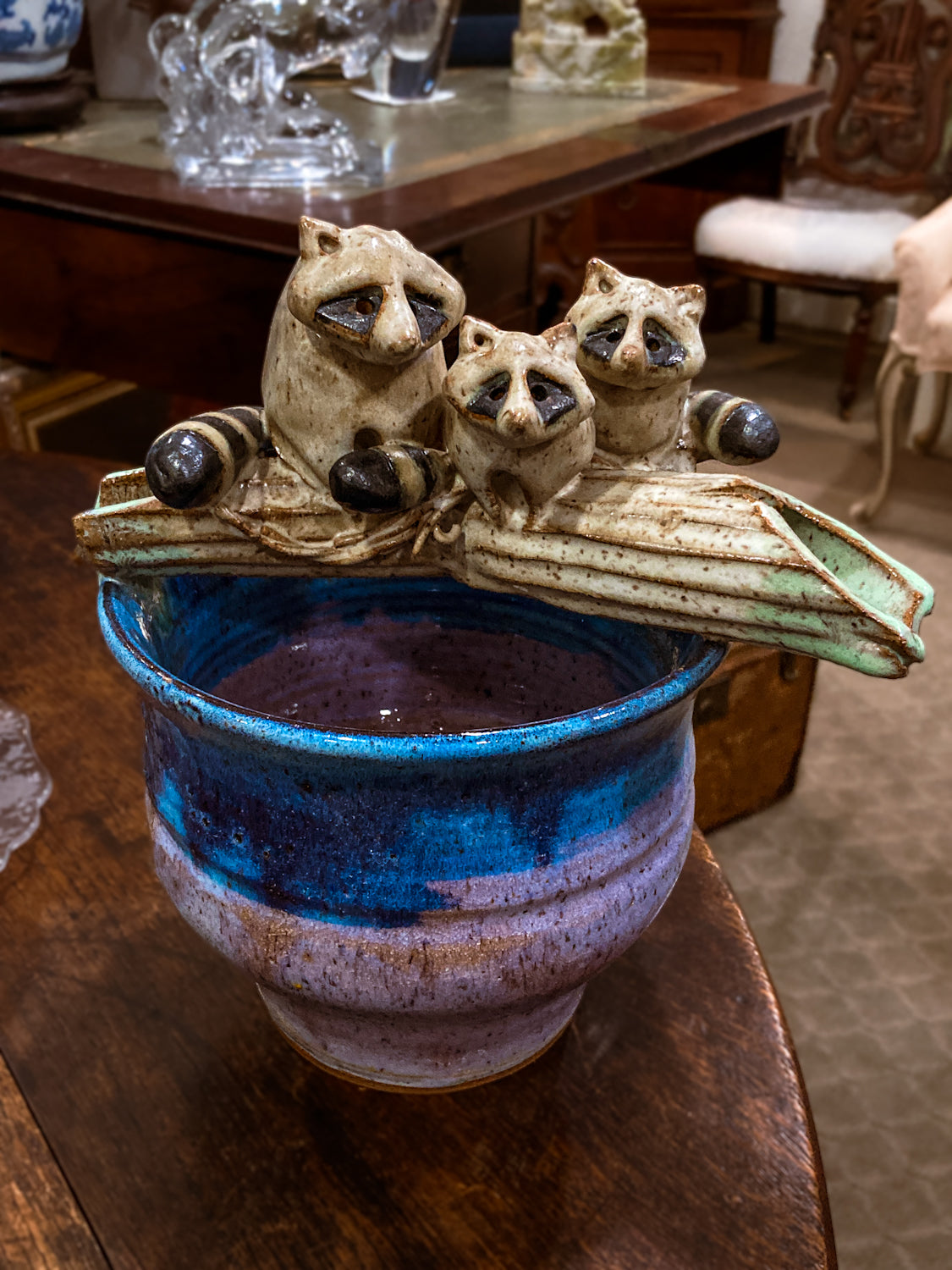 raccoon plant pot 1986 Steve Vasiliou Purple Blue Raccoon Family Ceramic Planter Pot Vessel