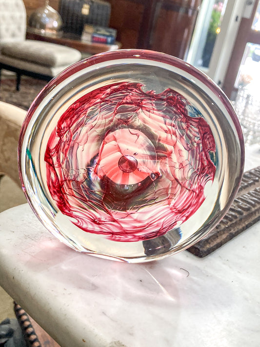 Vintage 1995 Rod Sounik Handblown Magenta Clear Glass Disc Paperweight