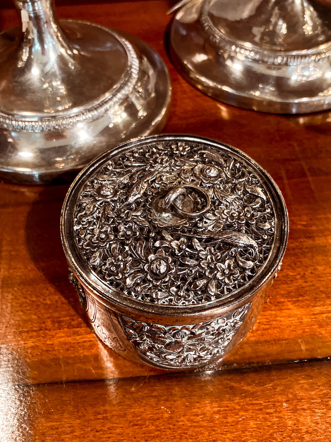 20th Century Round India Floral Bird Repoussé Openwork Silver Trinket Box
