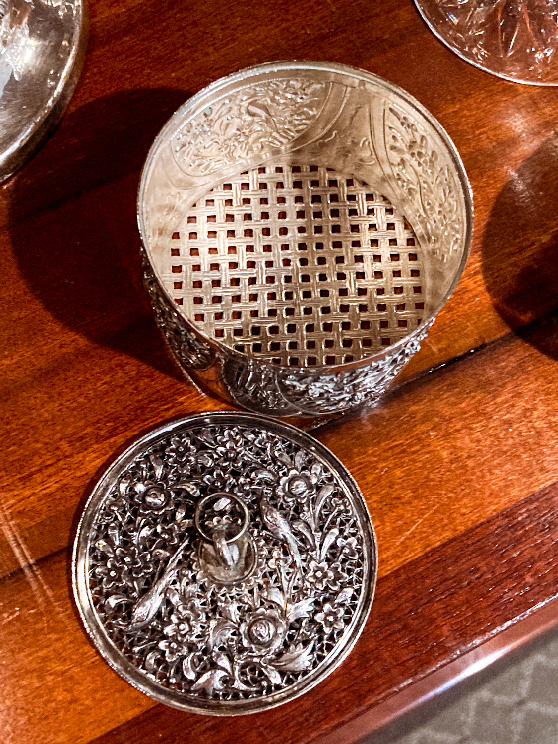 20th Century Round India Floral Bird Repoussé Openwork Silver Trinket Box