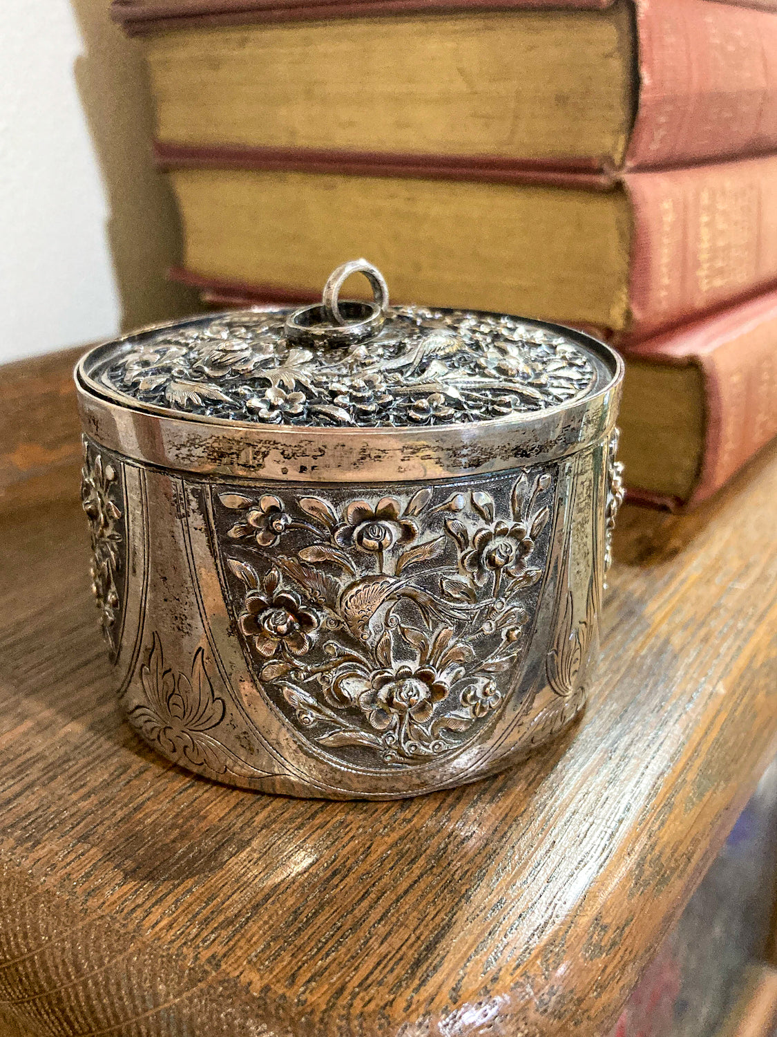 20th Century Round India Floral Bird Repoussé Openwork Silver Trinket Box
