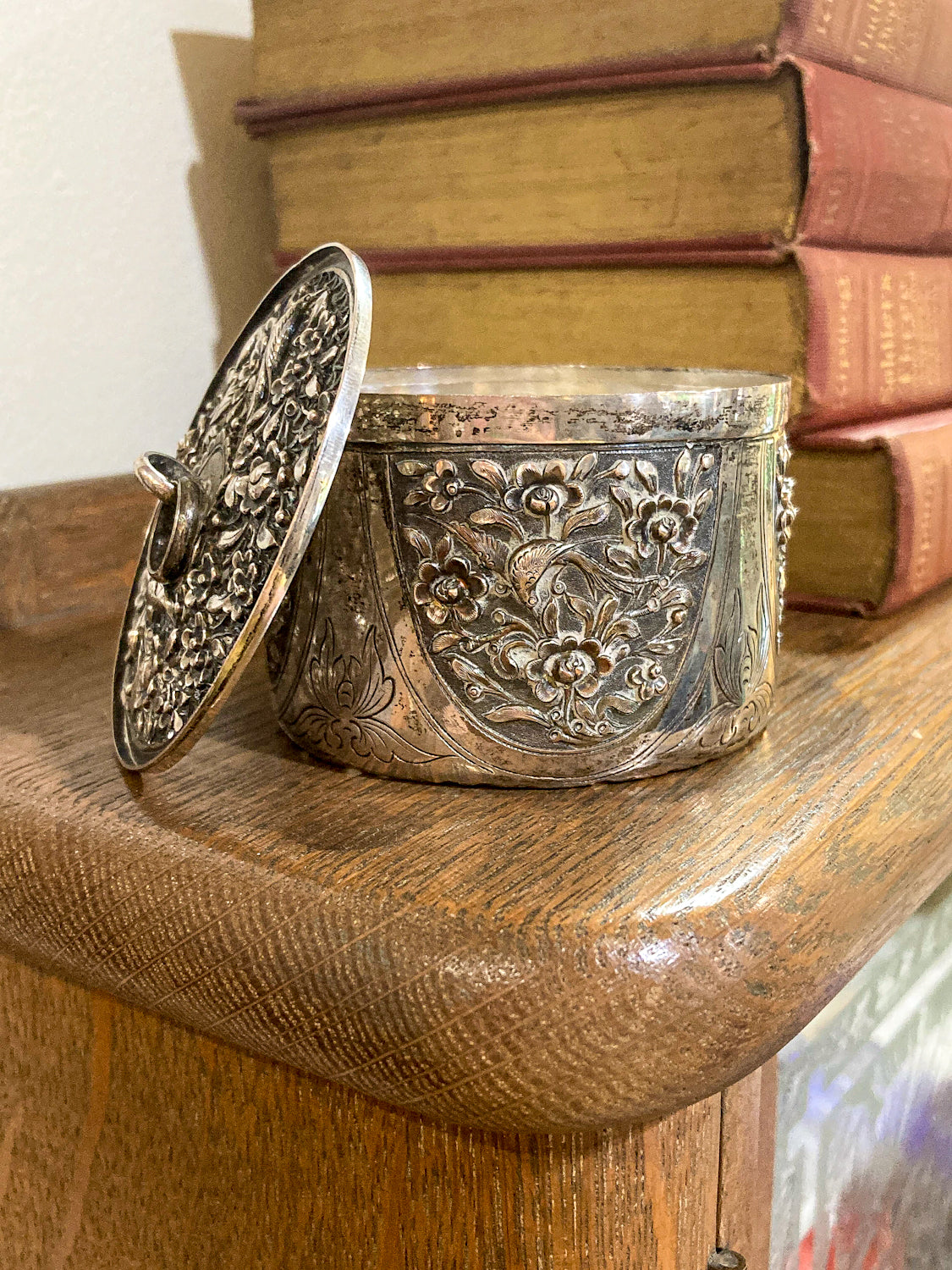 20th Century Round India Floral Bird Repoussé Openwork Silver Trinket Box