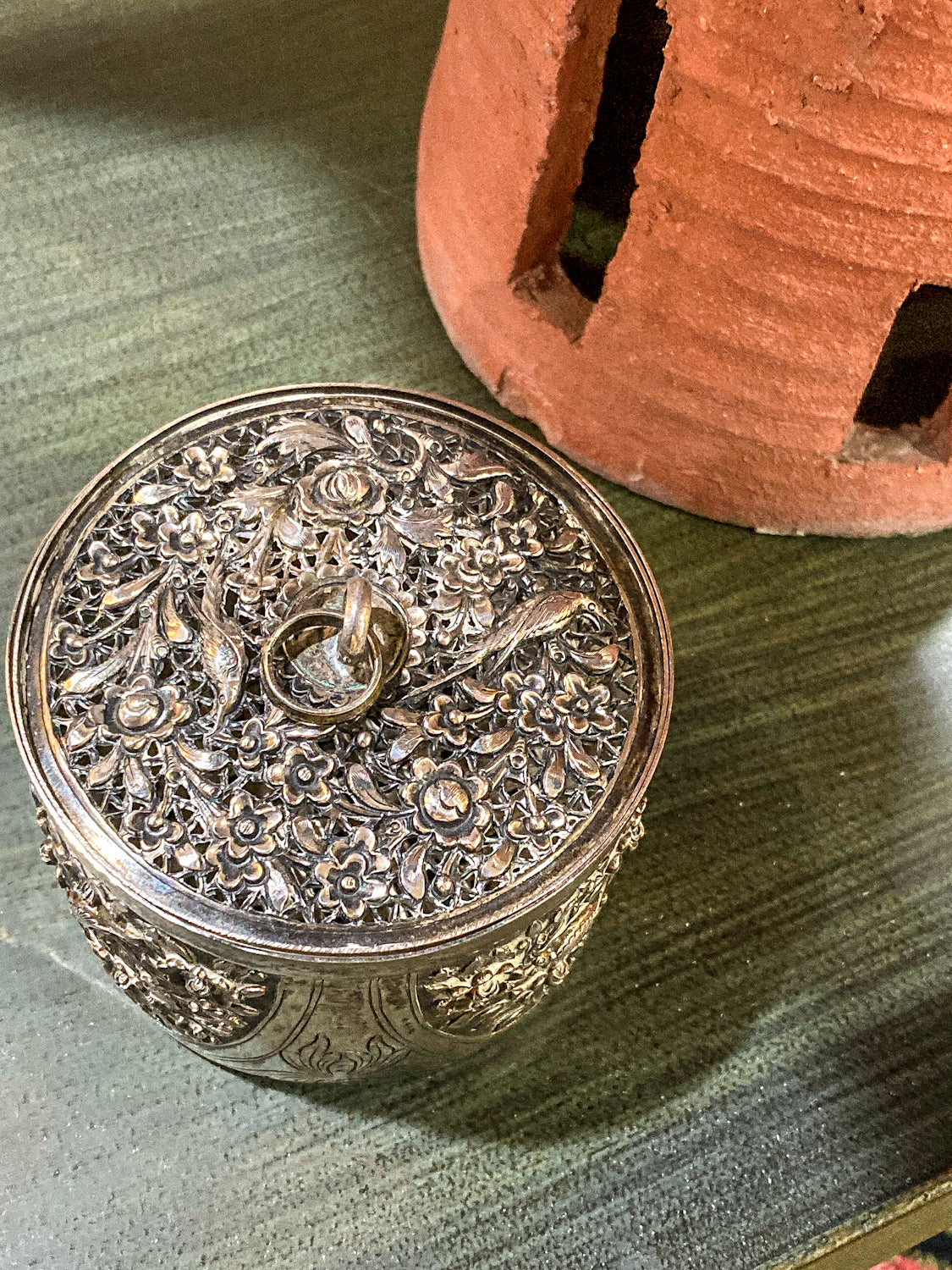20th Century Round India Floral Bird Repoussé Openwork Silver Trinket Box
