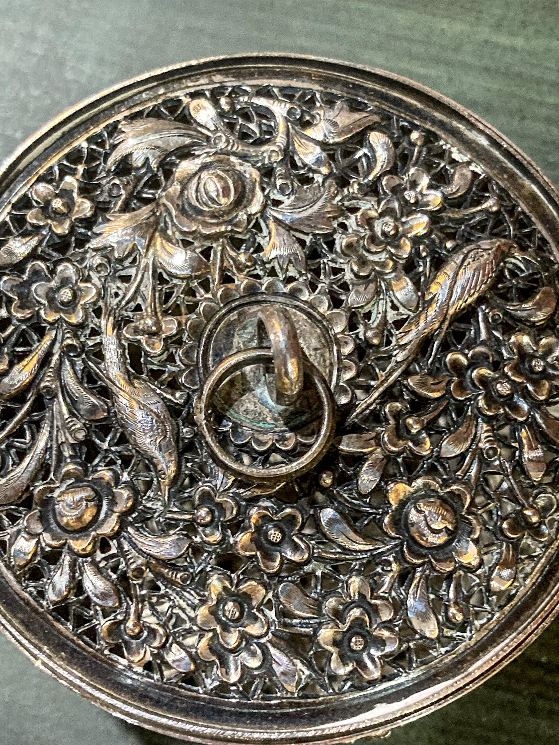 20th Century Round India Floral Bird Repoussé Openwork Silver Trinket Box