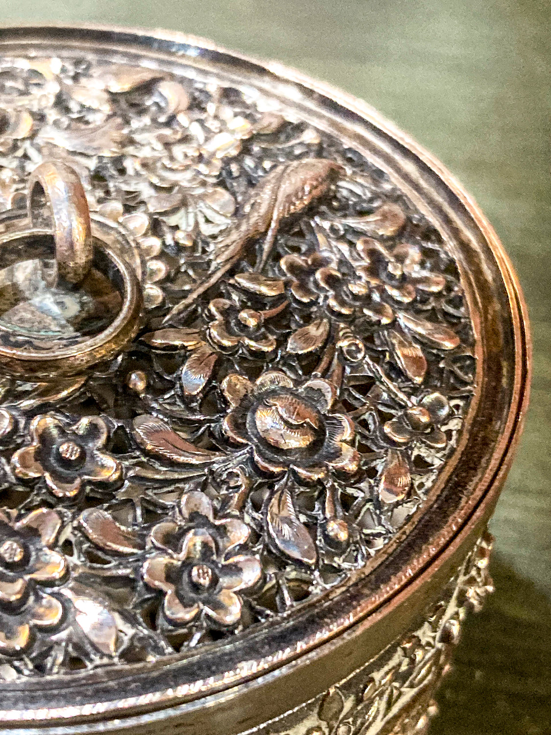 20th Century Round India Floral Bird Repoussé Openwork Silver Trinket Box