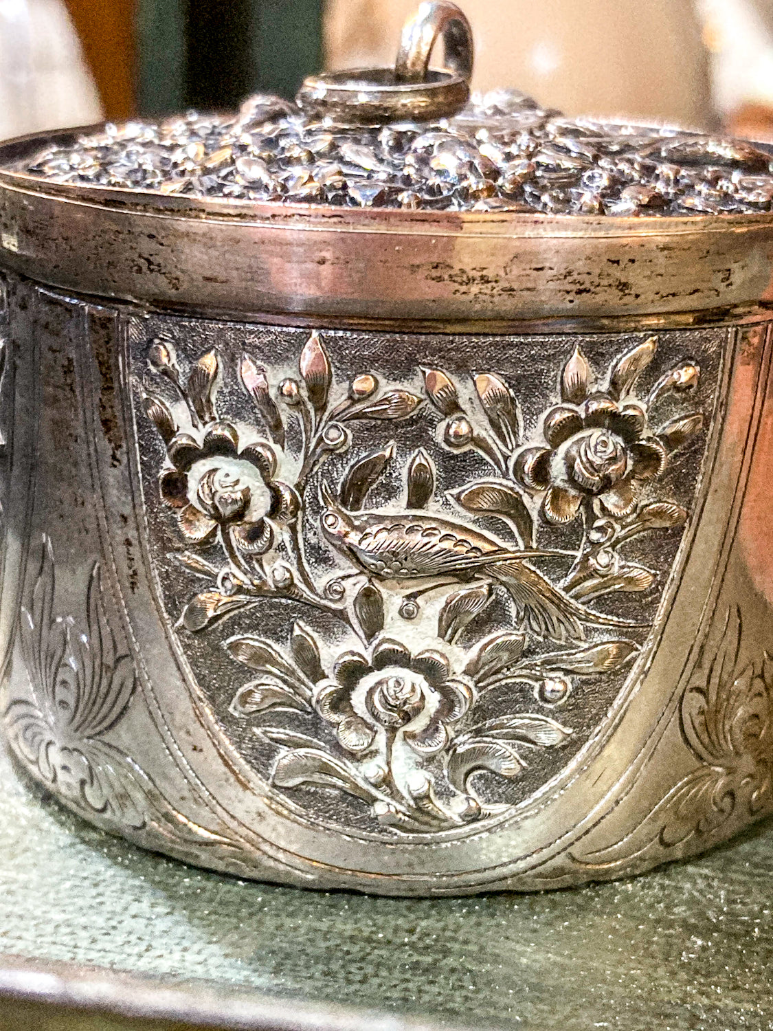 20th Century Round India Floral Bird Repoussé Openwork Silver Trinket Box