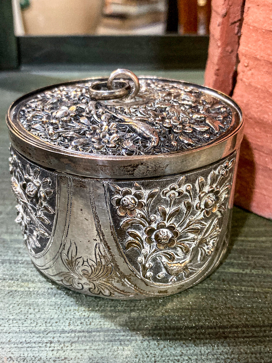 20th Century Round India Floral Bird Repoussé Openwork Silver Trinket Box