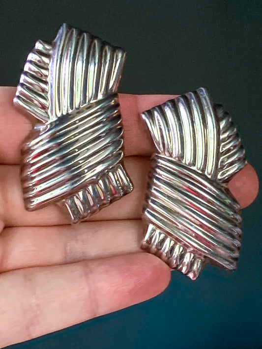 Vintage Large Mexico 925 Sterling Silver Geometric Statement Clip On Earrings