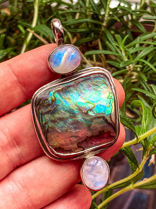Vintage 925 Sterling Silver Abalone Shell Double Moonstone Pendant