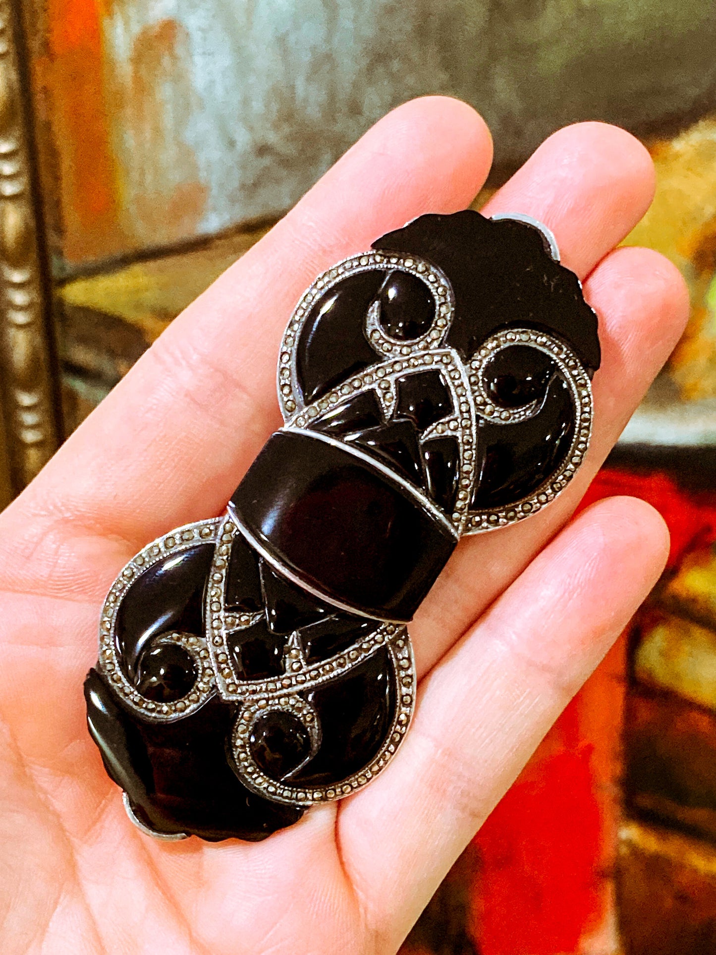 Vintage Art Deco Style Sterling Silver Marcasite Black Onyx Large Brooch Pin