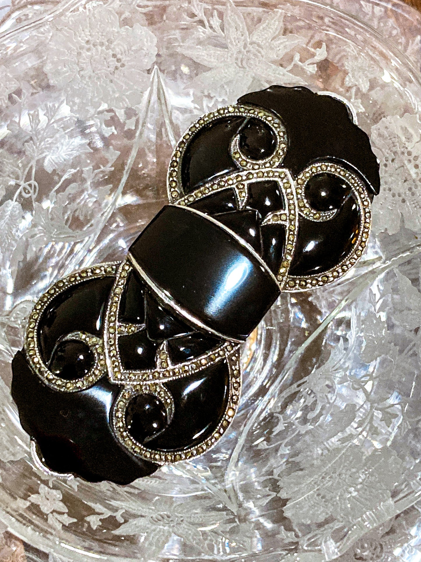 Vintage Art Deco Style Sterling Silver Marcasite Black Onyx Large Brooch Pin