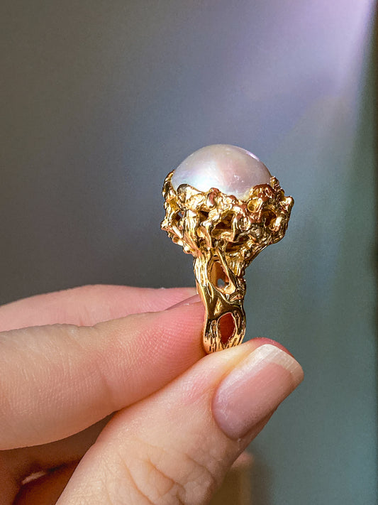 Vintage Artisan 14K Yellow Gold Pearl Organic Brutalist Cocktail Ring
