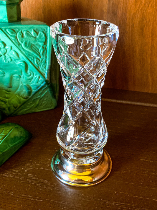 Crystal vase with intricate design on a wooden surface; Vintage B-I Sterling Silver Base Clear Cut Glass Classic Bud Vase Decor