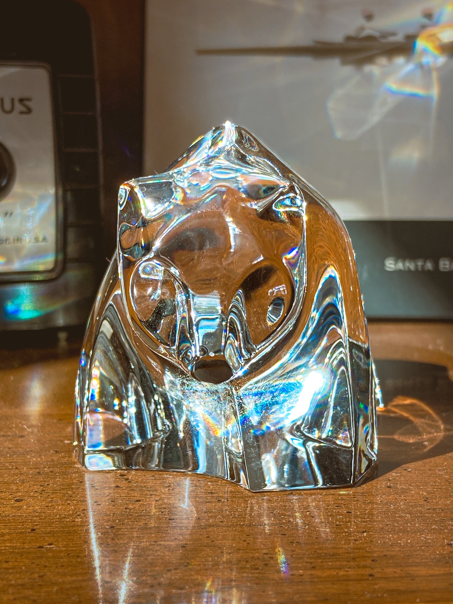 Crystal bear figurine on a wooden surface with camera and book in background. Baccarat Crystal Clear Oursons Wall Street Bear Paperweight Sculpture