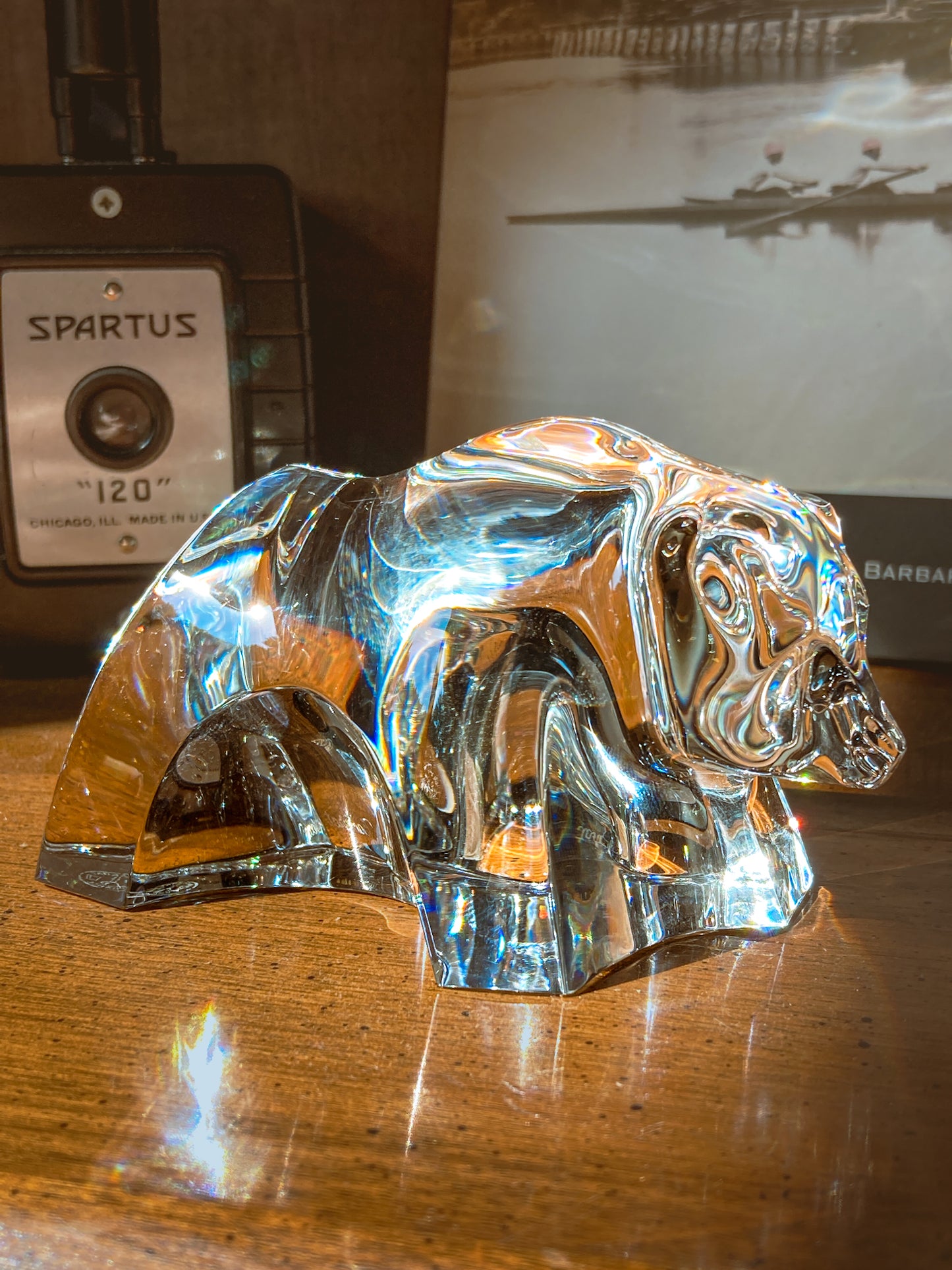 Crystal bear figurine on a wooden surface with camera and book in background. Baccarat Crystal Clear Oursons Wall Street Bear Paperweight Sculpture