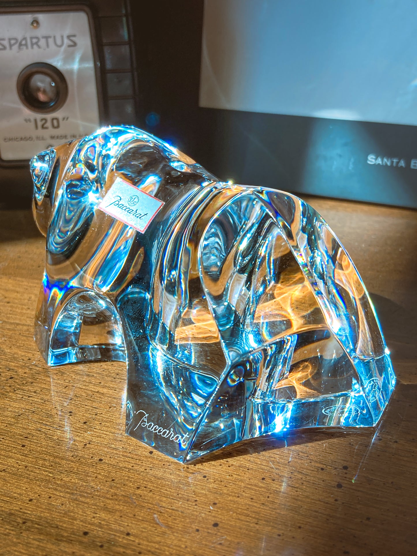 Crystal bear figurine on a wooden surface with camera and book in background. Baccarat Crystal Clear Oursons Wall Street Bear Paperweight Sculpture