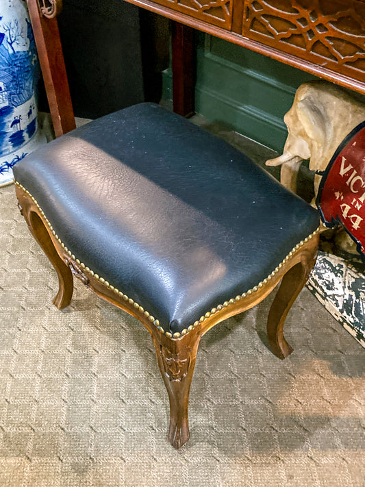 Vintage Black Leather Nail Head Trim Carved Wooden Leg Foot Stool