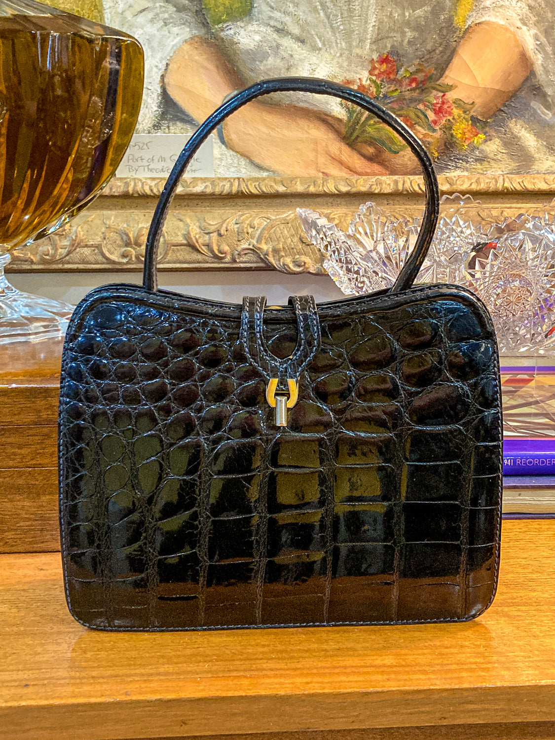 Vintage Black French Crocodile Patent Leather Classic Handbag Purse