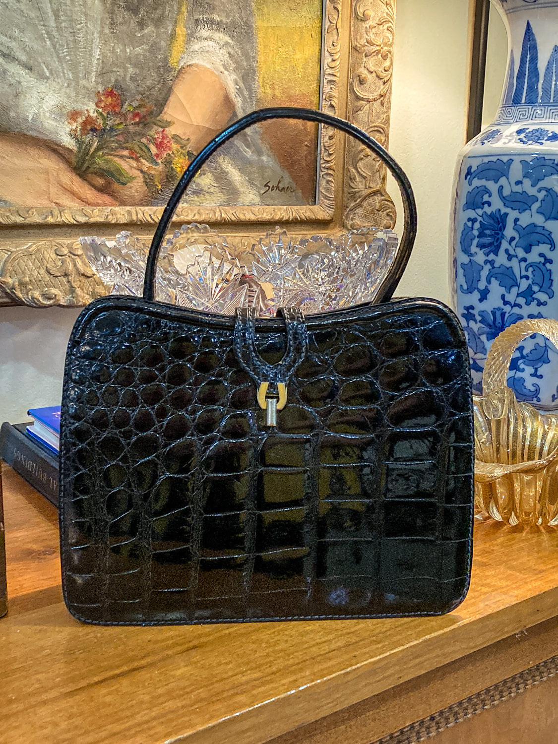 Vintage Black French Crocodile Patent Leather Classic Handbag Purse