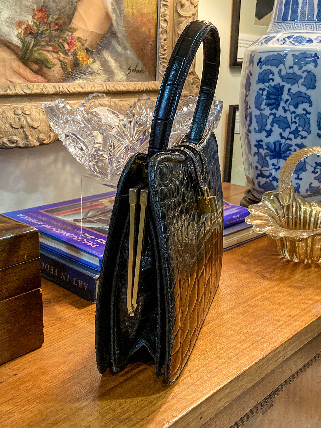 Vintage Black French Crocodile Patent Leather Classic Handbag Purse