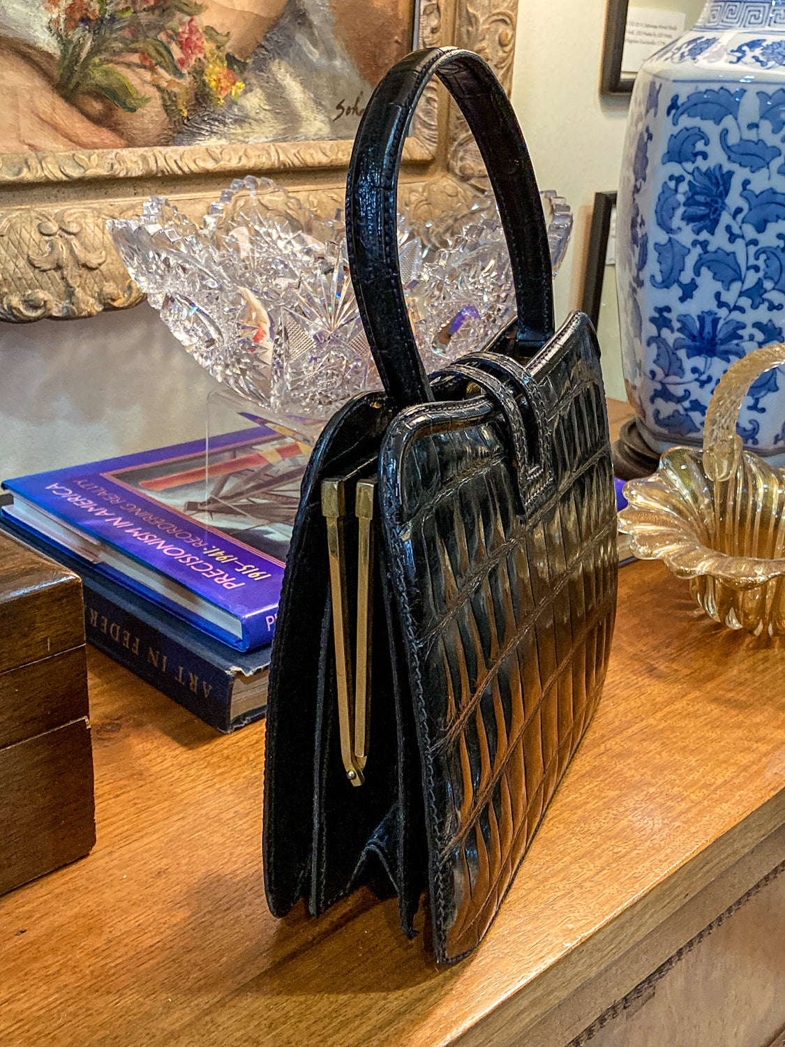 Vintage Black French Crocodile Patent Leather Classic Handbag Purse