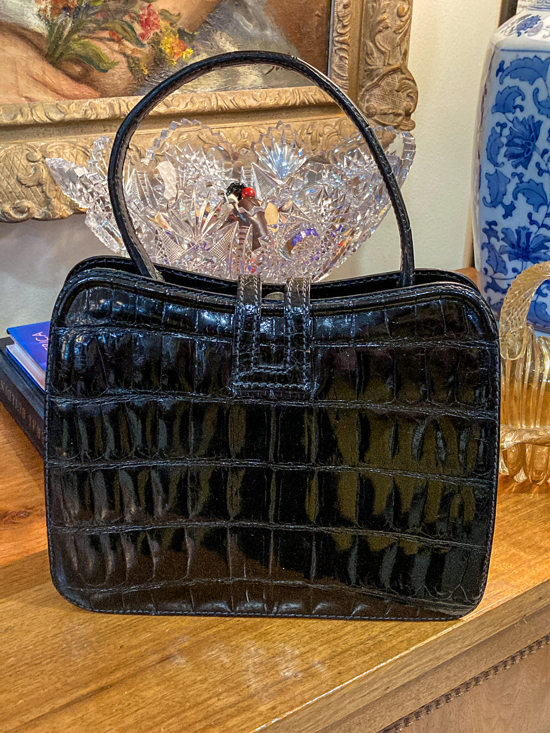 Vintage Black French Crocodile Patent Leather Classic Handbag Purse
