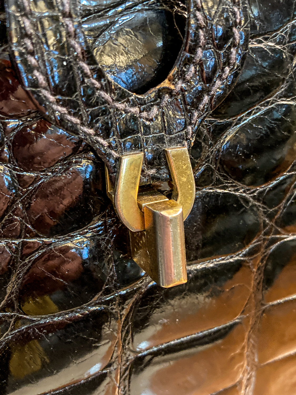 Vintage Black French Crocodile Patent Leather Classic Handbag Purse