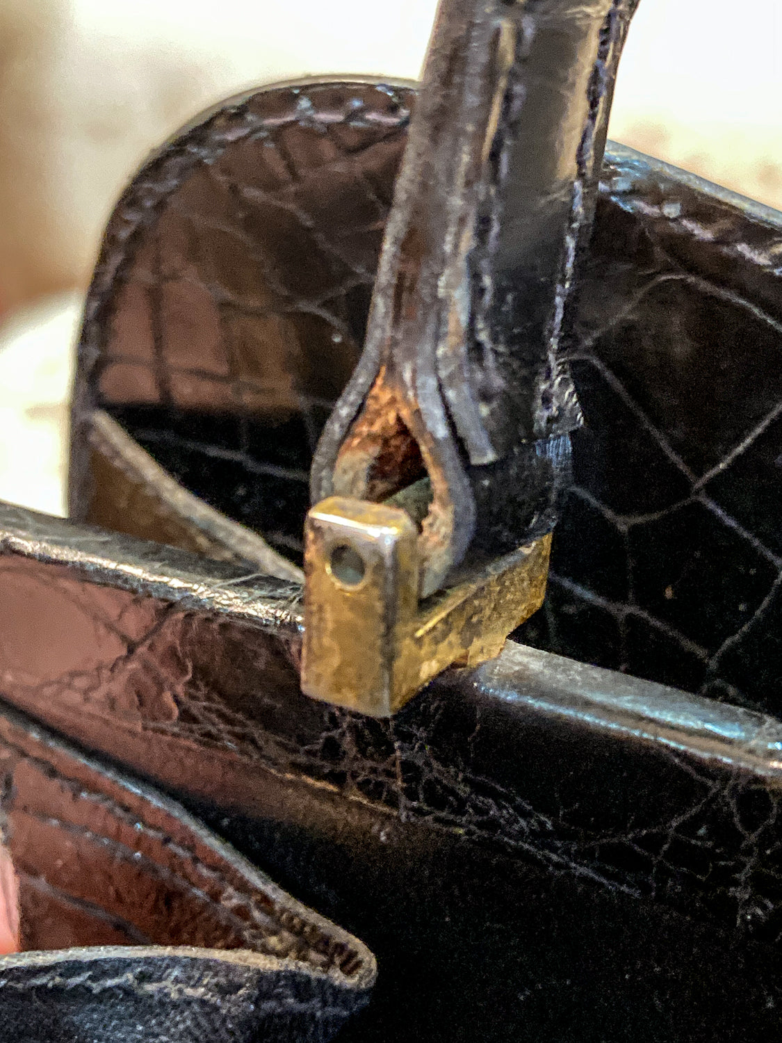 Vintage Black French Crocodile Patent Leather Classic Handbag Purse