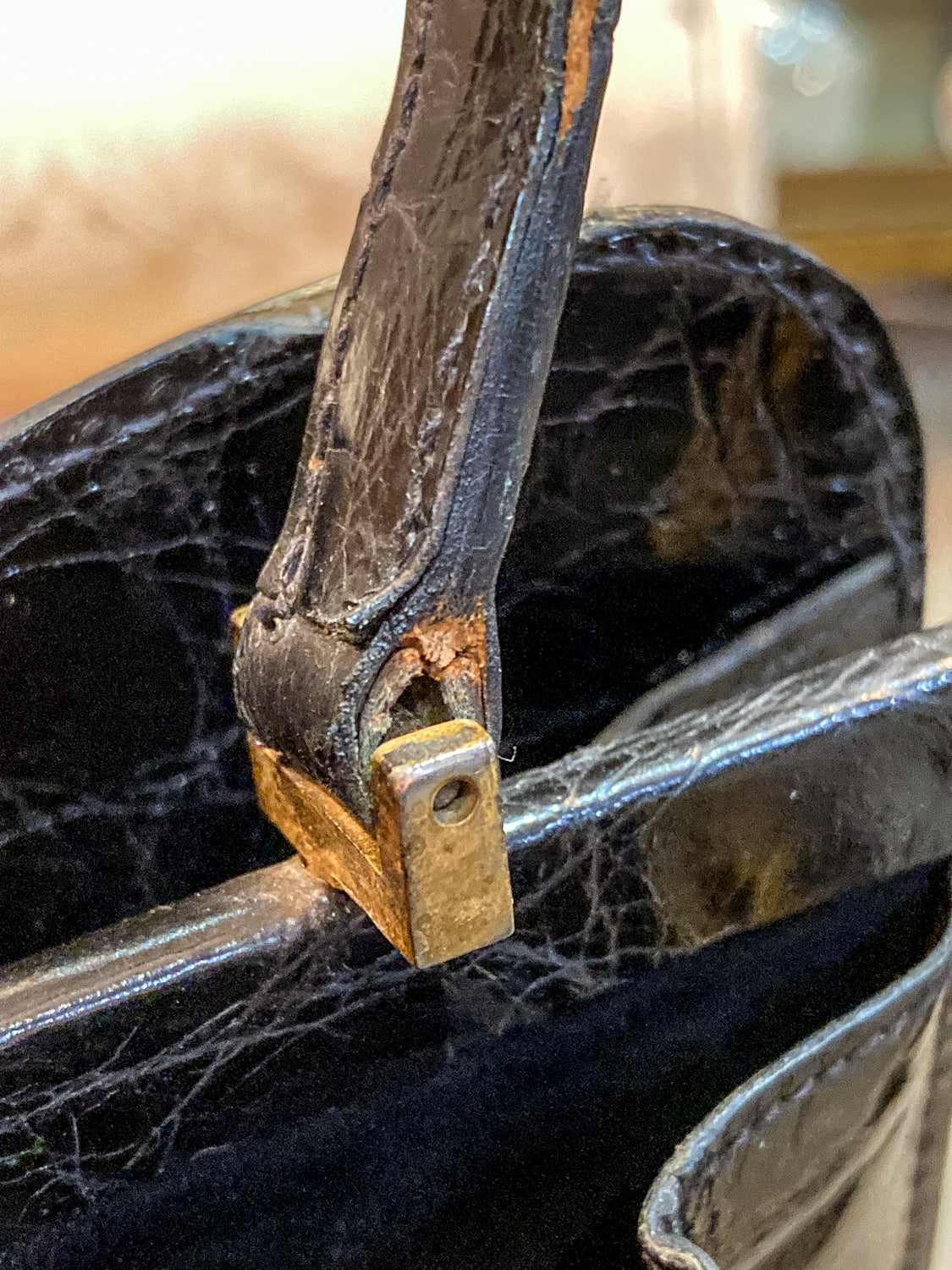 Vintage Black French Crocodile Patent Leather Classic Handbag Purse