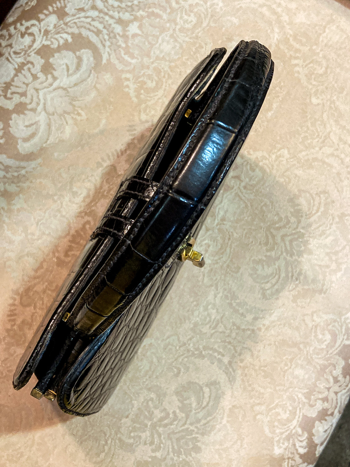 Vintage Black French Crocodile Patent Leather Classic Handbag Purse