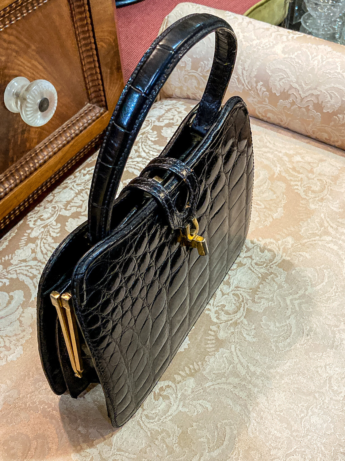 Vintage Black French Crocodile Patent Leather Classic Handbag Purse