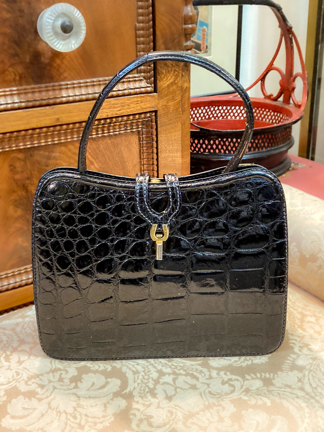 Vintage Black French Crocodile Patent Leather Classic Handbag Purse
