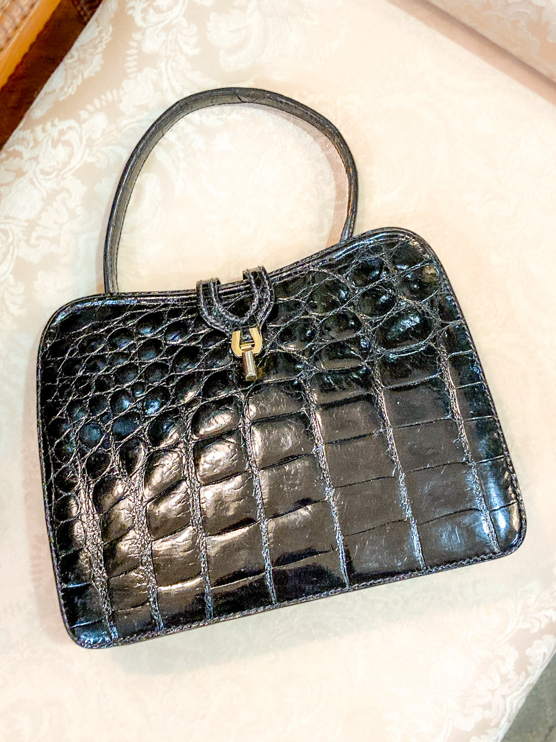 Vintage Black French Crocodile Patent Leather Classic Handbag Purse