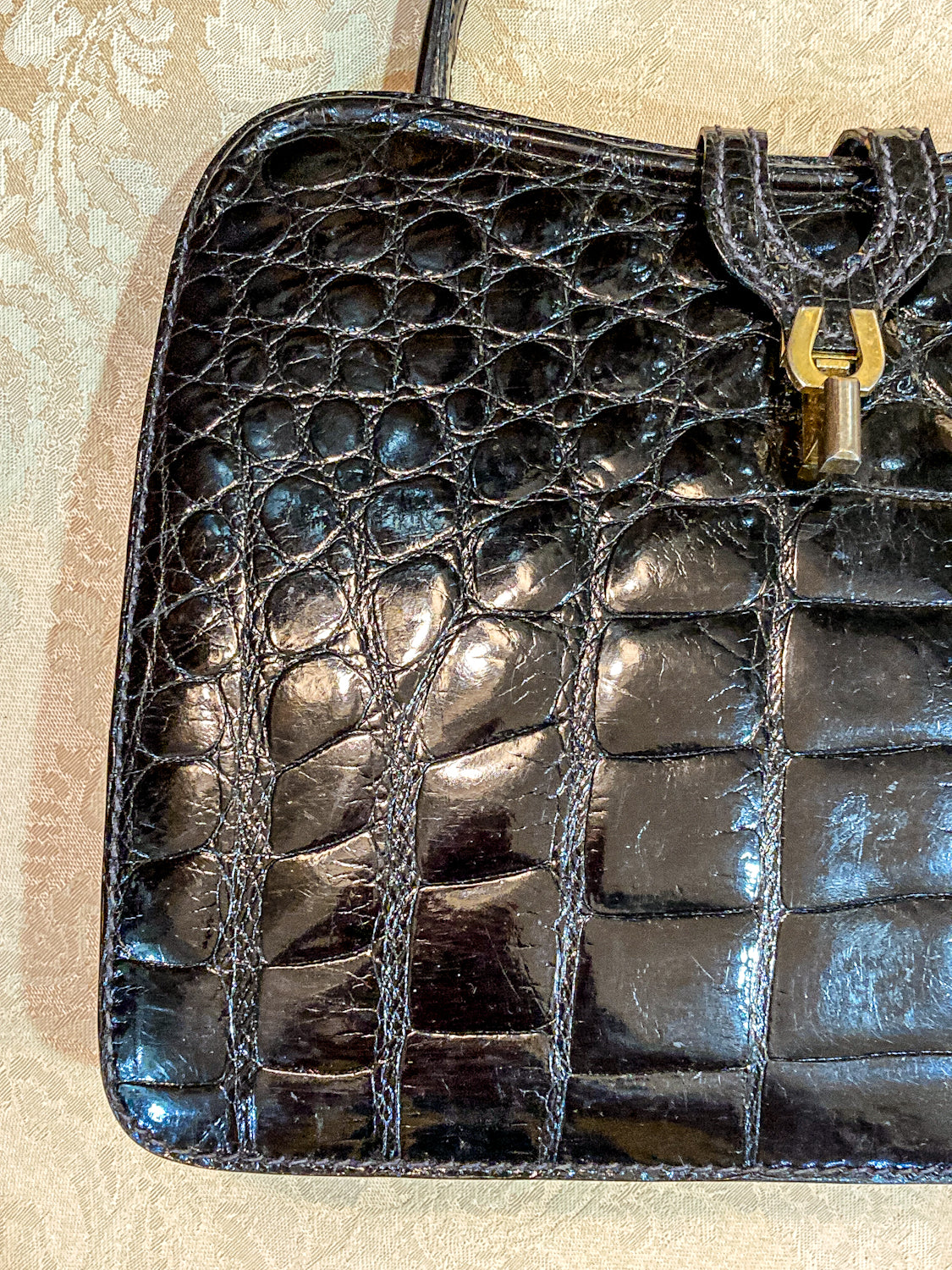 Vintage Black French Crocodile Patent Leather Classic Handbag Purse
