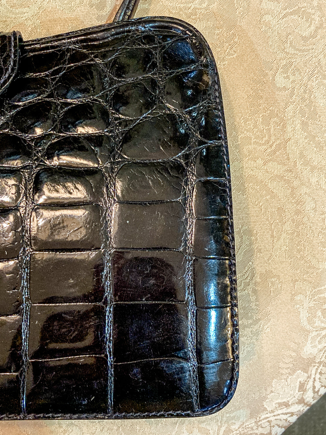 Vintage Black French Crocodile Patent Leather Classic Handbag Purse