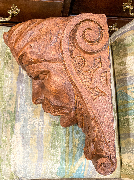 Vintage Faux Wooden Nickel '78 Cast Mustachioed Man Wall Sculpture Corbel