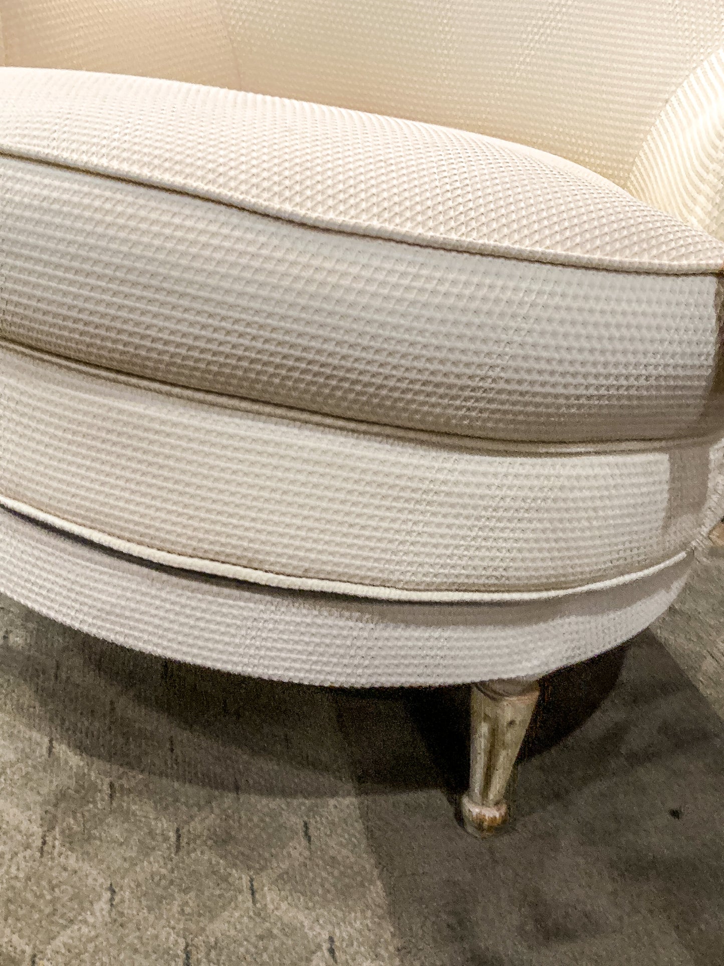 Vintage Cream Waffle Weave Wood Leg Barrel Round Swivel Lounge Chair