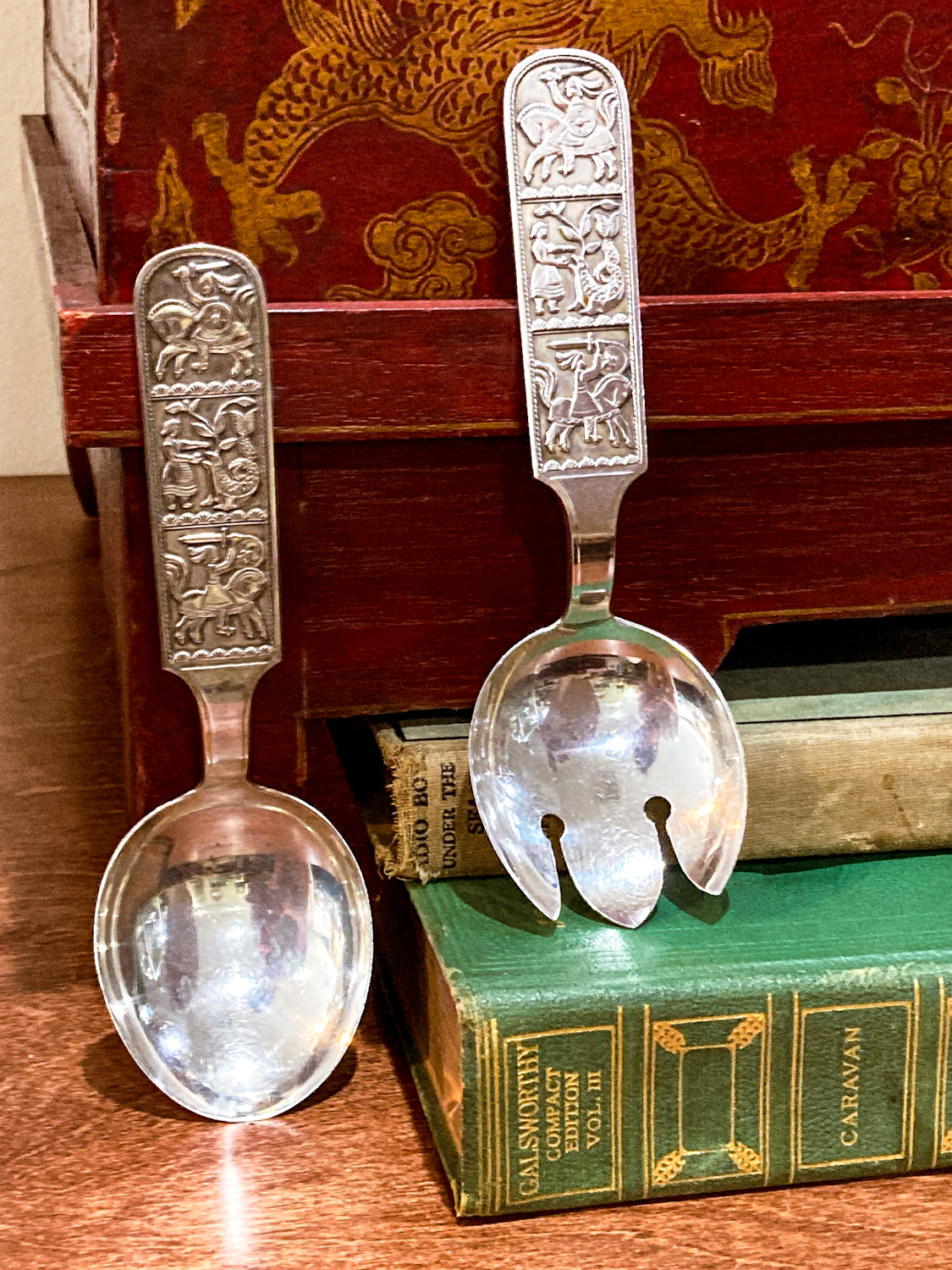 Vintage David-Andersen Norwegian Fairytale Folk Sterling Silver Salad Set