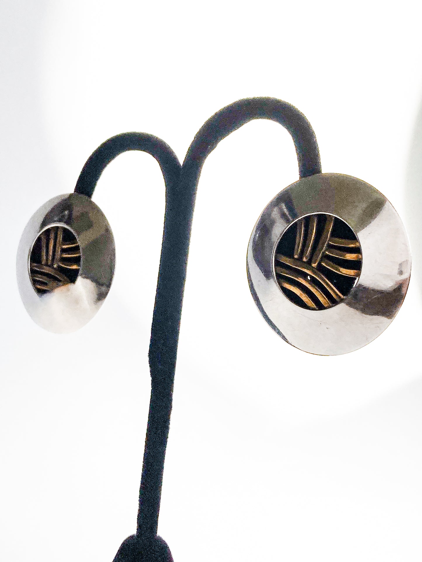 Vintage Sterling Silver Bronze Openwork Contrast Disc Clip On Earrings