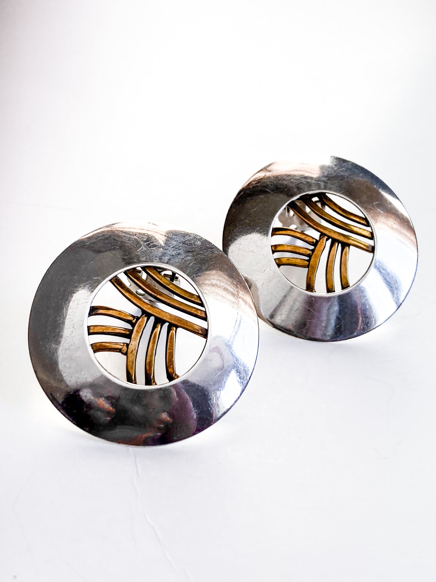 Vintage Sterling Silver Bronze Openwork Contrast Disc Clip On Earrings