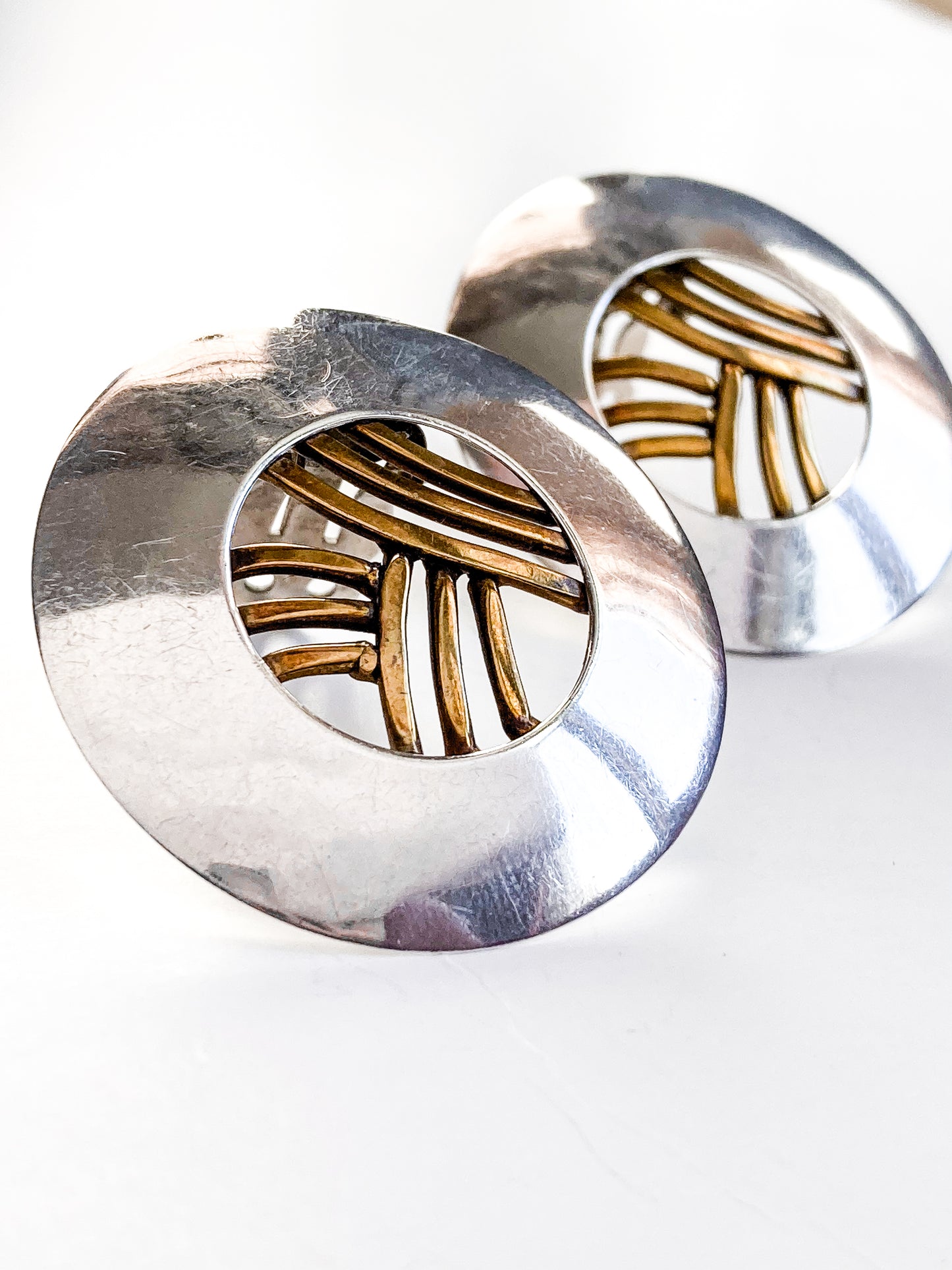 Vintage Sterling Silver Bronze Openwork Contrast Disc Clip On Earrings